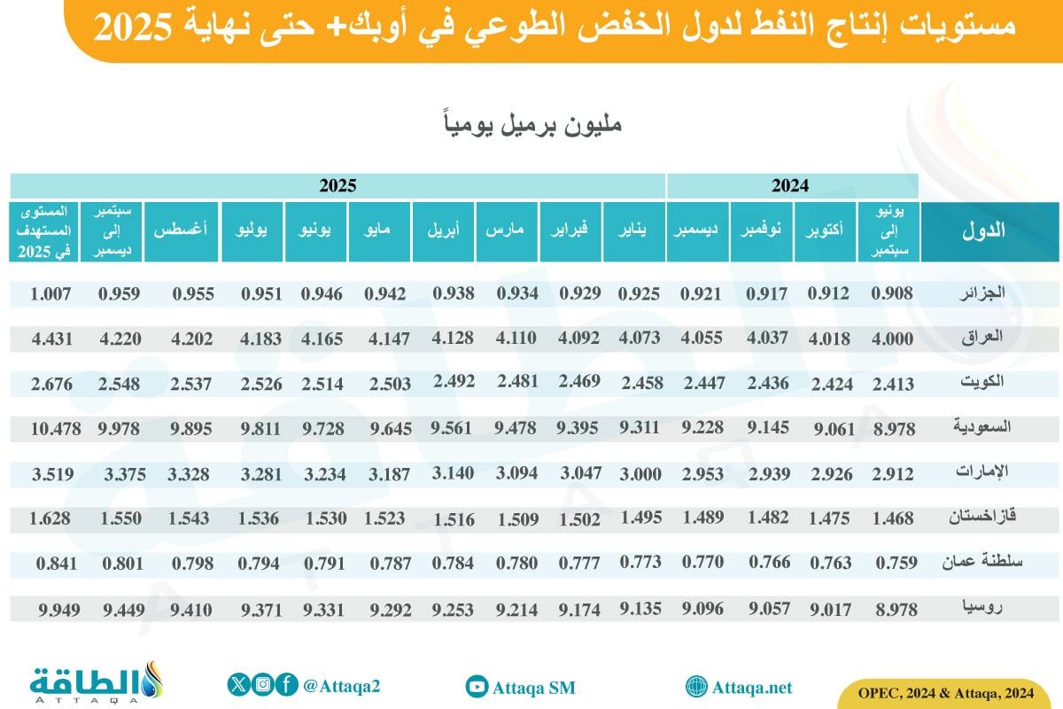 حصص إنتاج النفط لدول أوبك+ في 2025 المشاركة في التخفيضات الطوعية